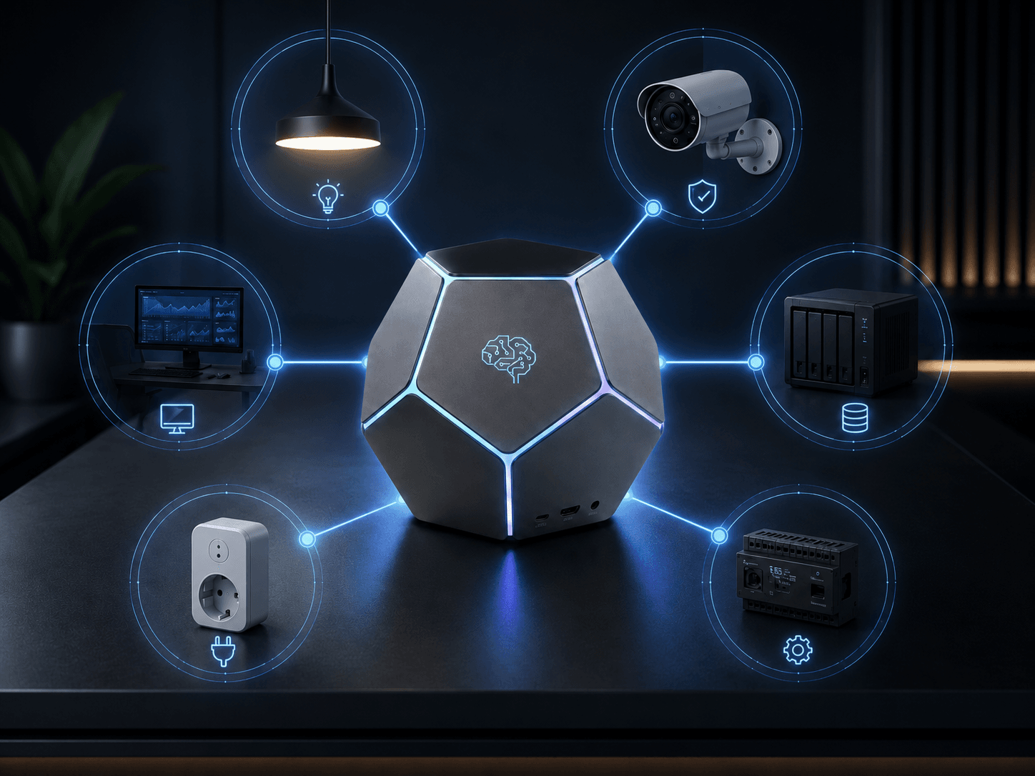 SmartCore-Konzept: eine lokale Zentrale verbindet Beleuchtung, Kamera, Datenspeicher und weitere Geräte.